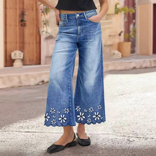 Chrysanthemum Embroidered Casual Stretch Womens Cropped Denim Jeans