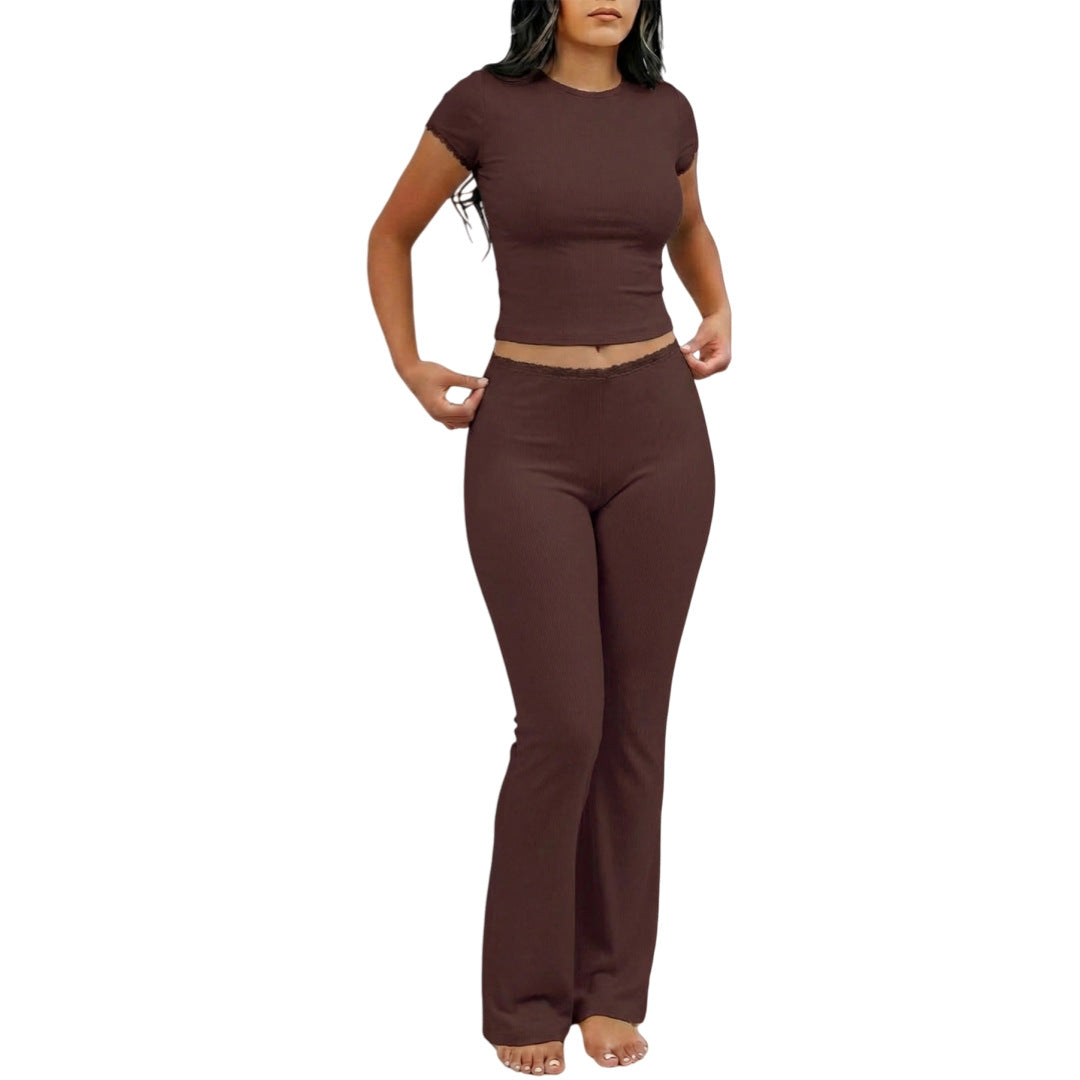Conjunto de dos piezas de color liso con camiseta de manga corta y pantalón largo para mujer