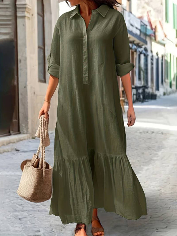 Vestido largo asimétrico de lino y algodón con cuello camisero y botones retorcidos