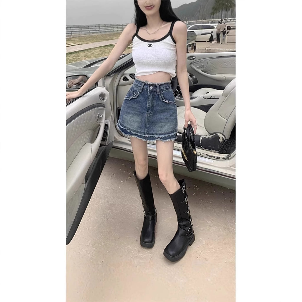 Retro Raw-Edge Denim A-Line Skirt