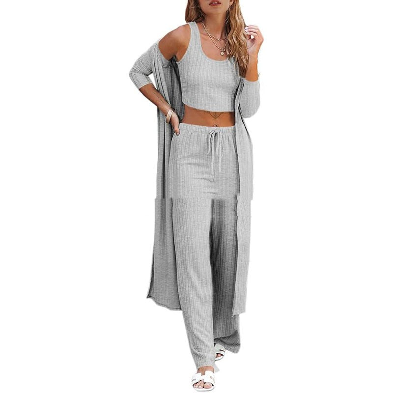 Conjunto de ropa de estar por casa para mujer de tres piezas: chaleco, pantalón y bata