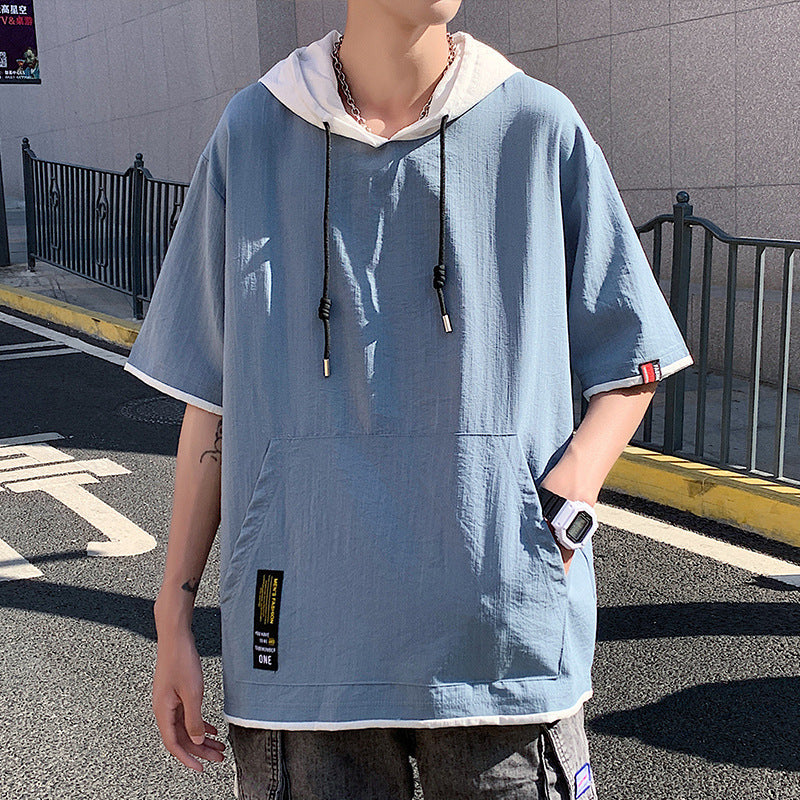 Mens Loose-fitting Casual Mock Two-piece Short-sleeve Shirt