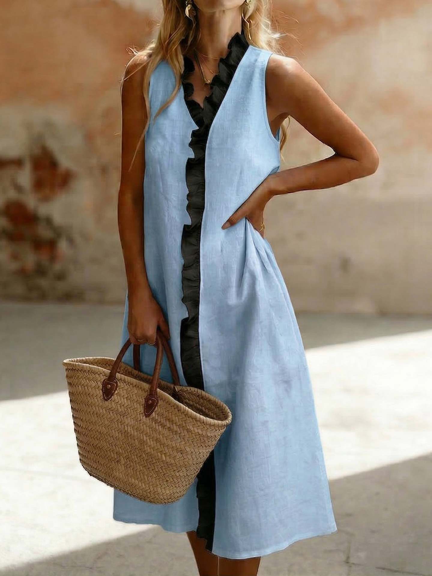 Lapel-trimmed Sleeveless Cotton-linen Midi Dress
