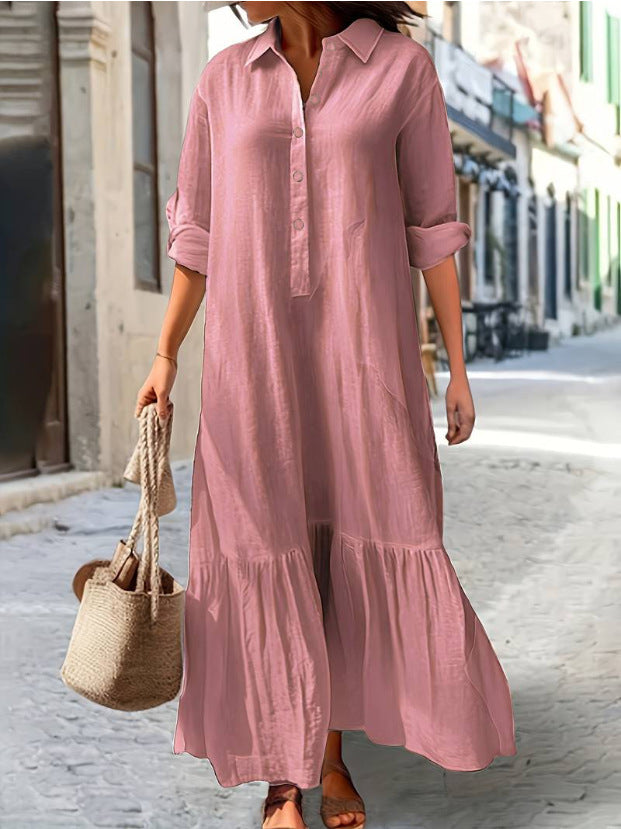 Vestido largo asimétrico de lino y algodón con cuello camisero y botones retorcidos
