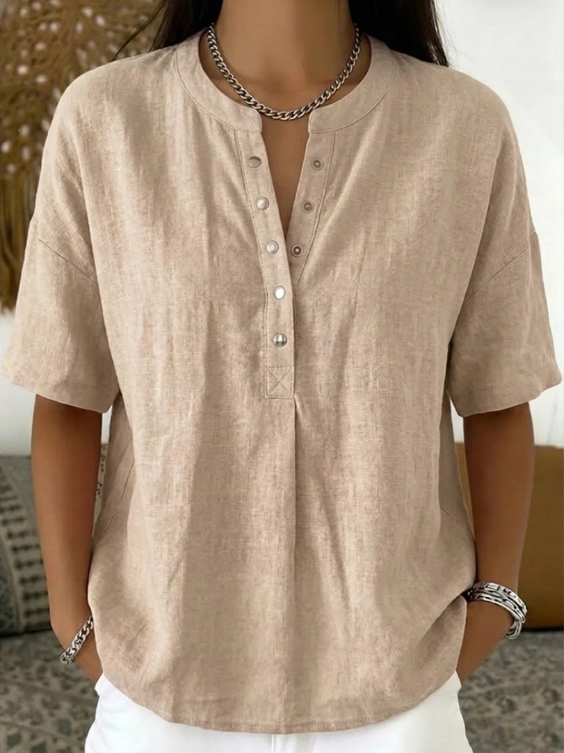 Solid Color Casual Pullover Short-Sleeve Shirt For Women