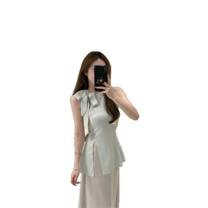 Sweet Lace-up Bow-Knot Slit Cami Shirt