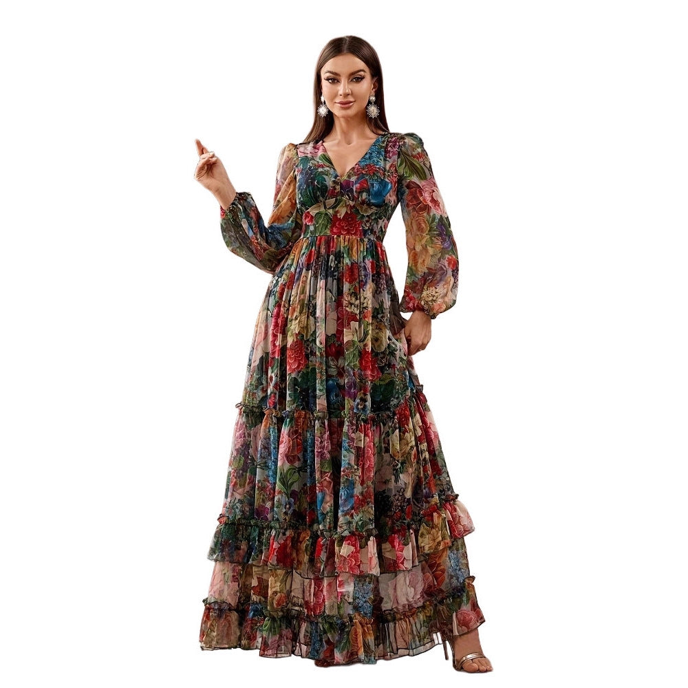 Printed Long-sleeve Puffed-sleeve Belted Maxi Dress