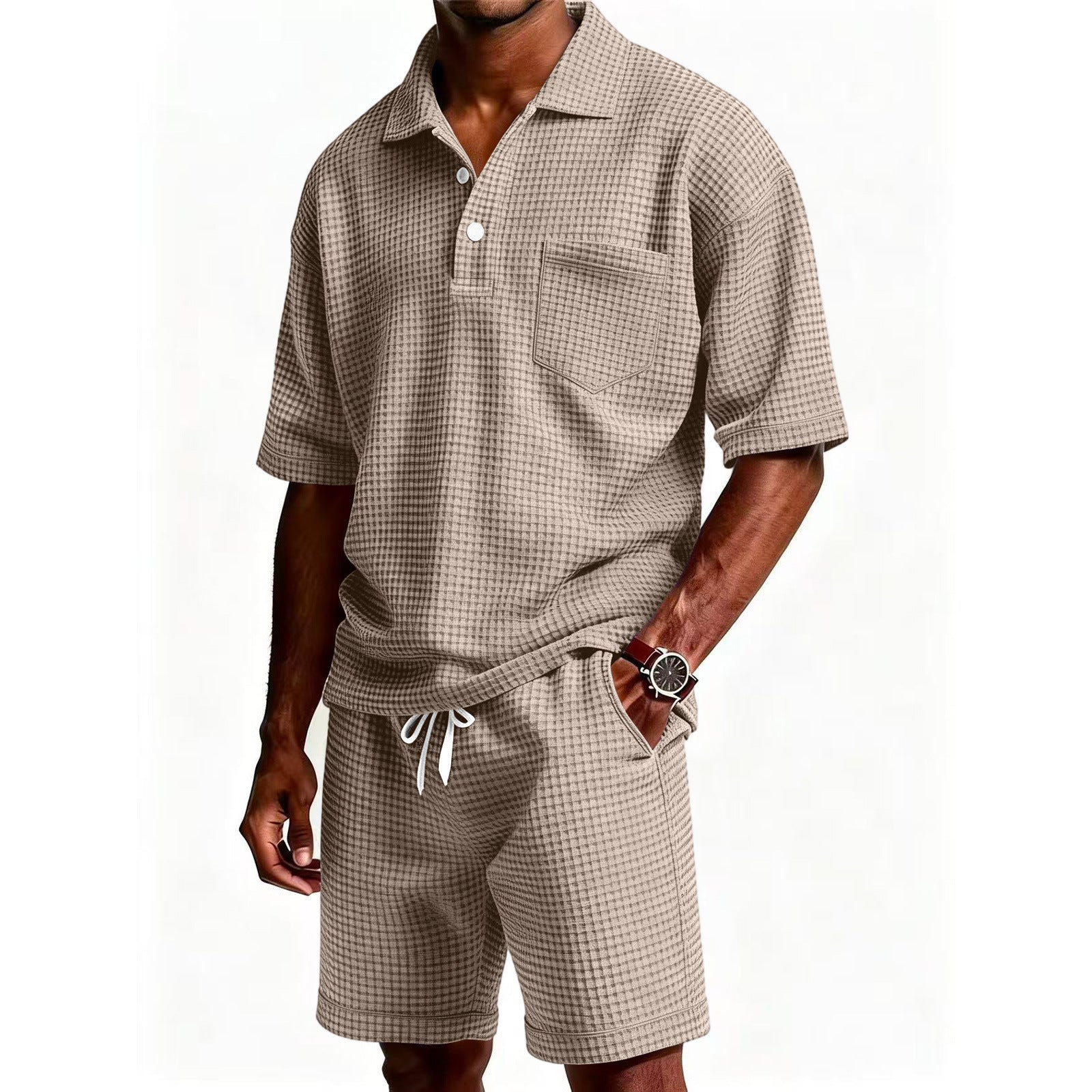 Men's Solid Color Lapel Short-Sleeve Shorts Set