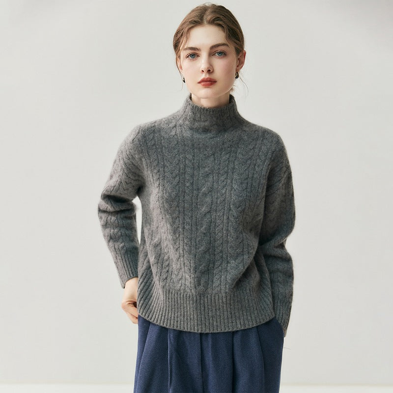 Suéter de cachemira de punto trenzado con cuello alto y costuras para mujer. Elegante, artístico y versátil para cualquier look.