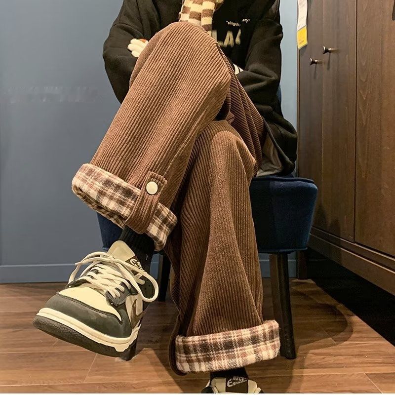 Pantalones casuales vintage holgados de pierna recta con puños a cuadros para hombre