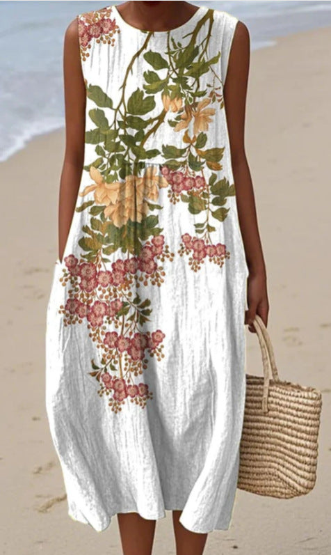 Vestido informal estampado sin mangas con bolsillos y un toque sofisticado