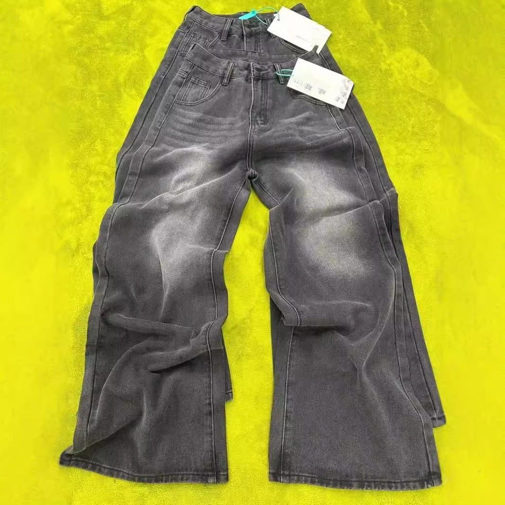 Washed Jeans Plus Size High Waist Loose Straight Wide Leg Pants