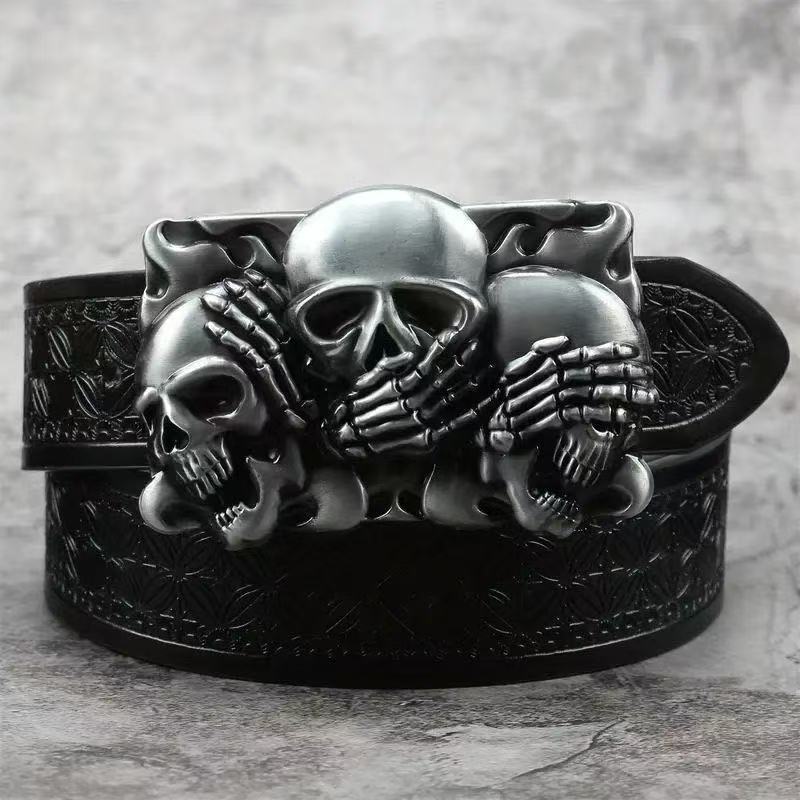 Cinturón de cuero para hombre con hebilla de aleación y diseño vintage en relieve.