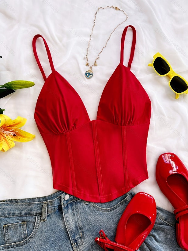 Women's Spring And Summer Fashion Retro Sexy V-Neck Off-Shoulder Design Knitted Camisole Top Suitable For Dates