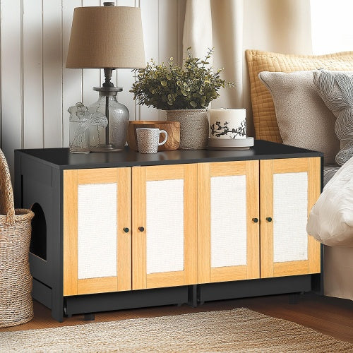 Recinto para arenero doble, para 2 gatos, mueble oculto con puertas de ratán, 121 cm de largo x 59 cm de ancho x 55 cm de alto, color negro