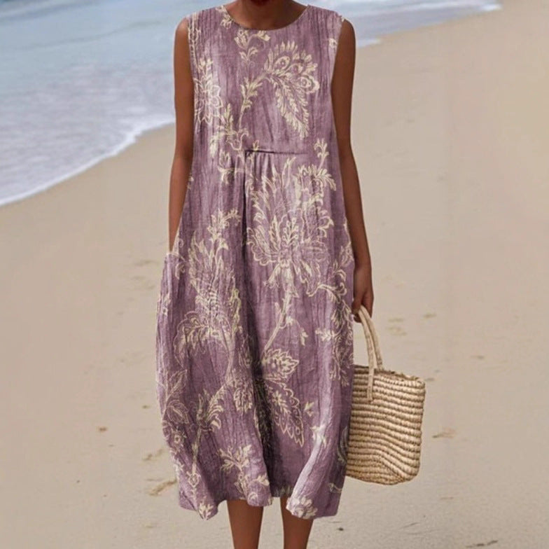 Vestido informal estampado sin mangas con bolsillos y un toque sofisticado