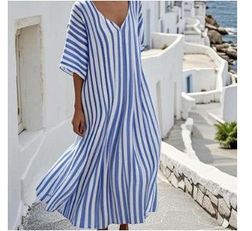 Vestido holgado de manga corta con cuello a rayas para mujer, de moda, talla grande