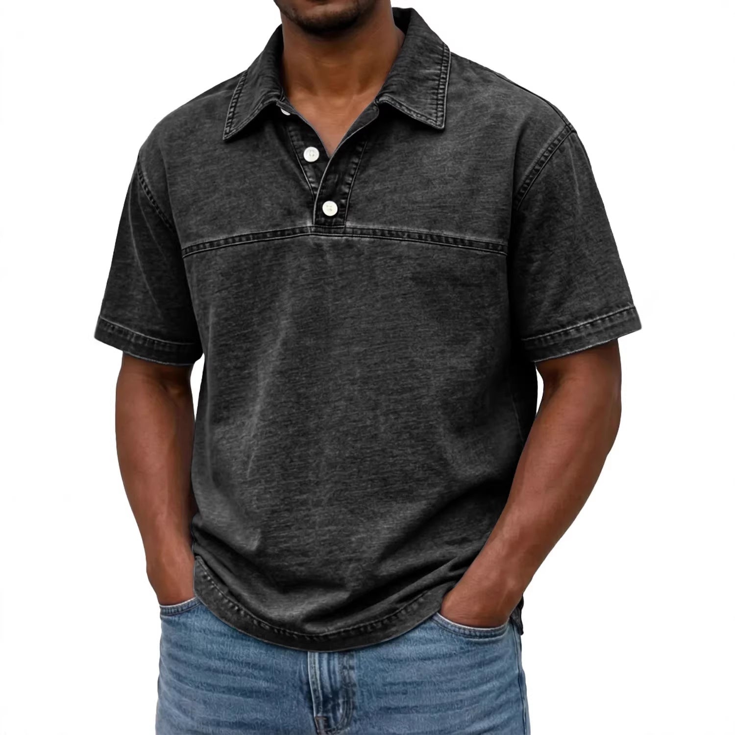 Polo vintage de manga corta con solapa y color liso para hombre