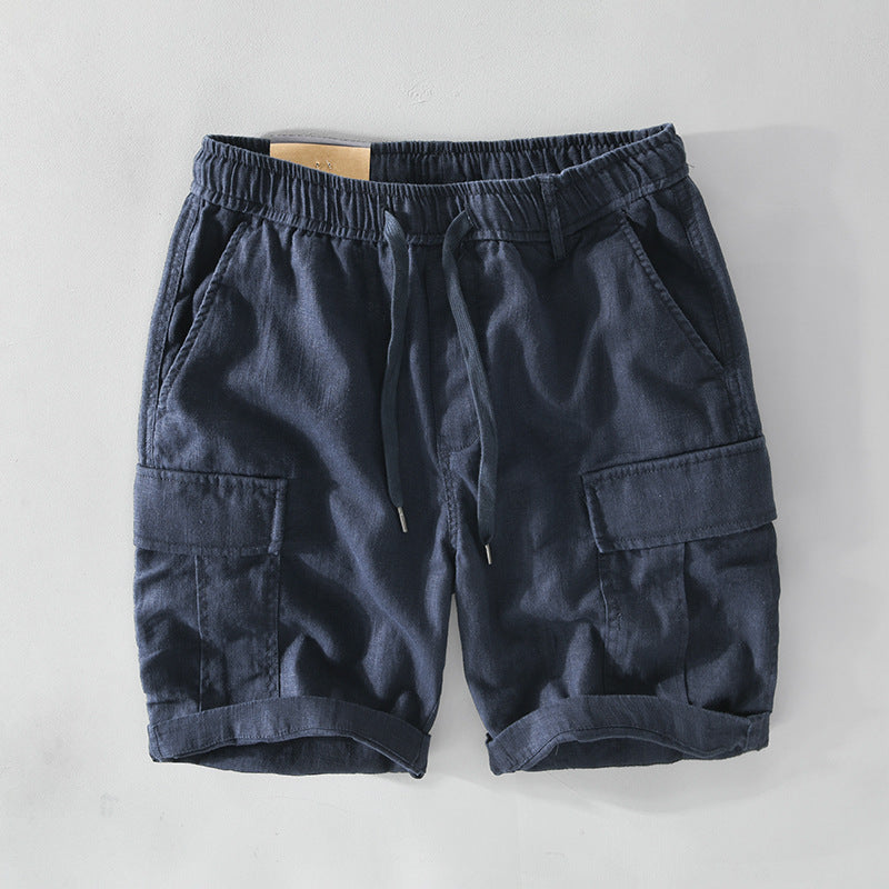 Pantalones cortos casuales de lino para hombre con cordón en el bolsillo