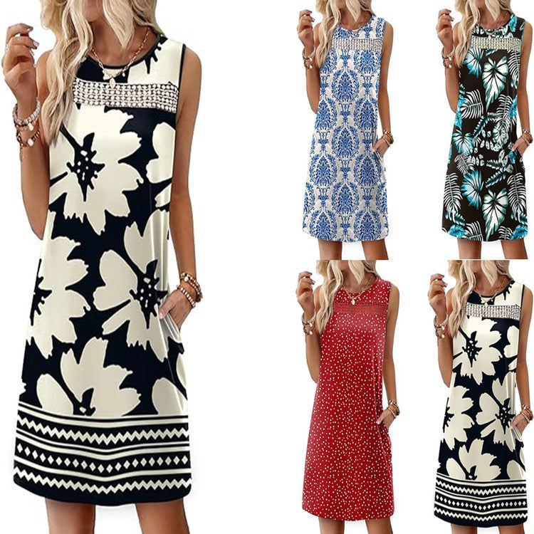 Vestido de patchwork con ribete de encaje estampado de moda
