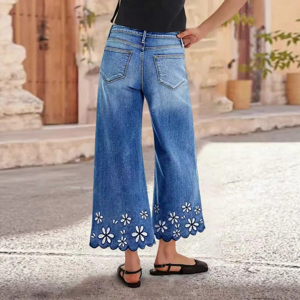 Chrysanthemum Embroidered Casual Stretch Womens Cropped Denim Jeans