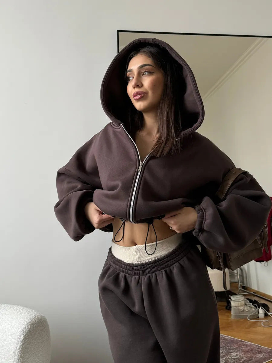 Conjunto informal para mujer: cárdigan de manga larga con cremallera y sudadera con capucha