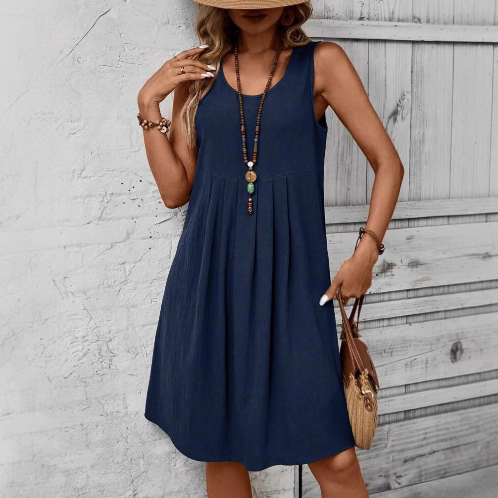 Casual Solid-Colored Cotton And Linen Womens Dress