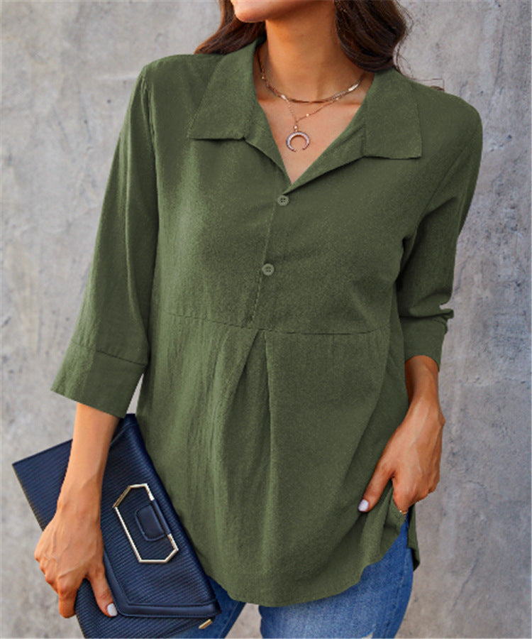Camisa de mujer de color liso con cuello de solapa, abertura y peplum, manga tres cuartos