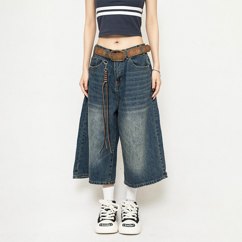 Pantalones vaqueros anchos, holgados y recortados, estilo retro americano para mujer