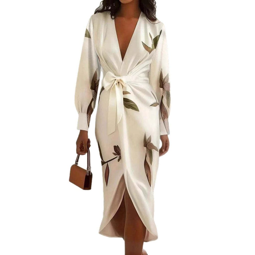 V-neck Long-sleeve Lace-up Printed Maxi Dress