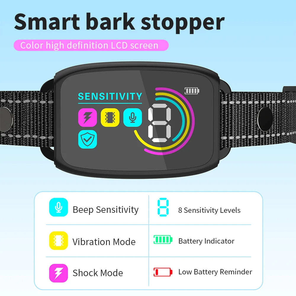Collar inteligente automático antiladridos para perros, recargable, con pantalla digital HD, resistente al agua IP67, ideal para mascotas.