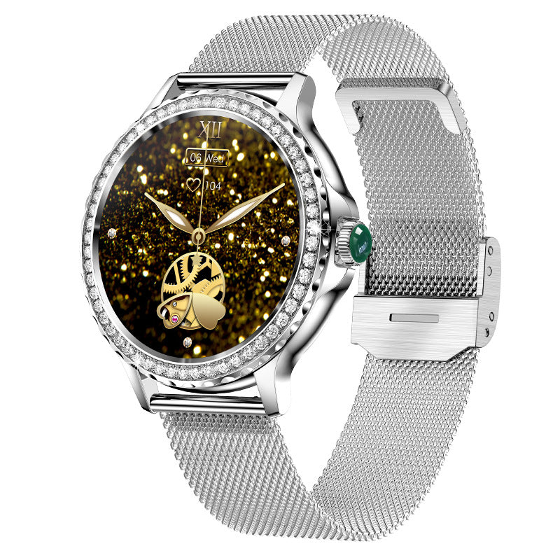 Pulsera inteligente de fitness con llamadas Bluetooth, resistente al agua y detalles de diamantes.