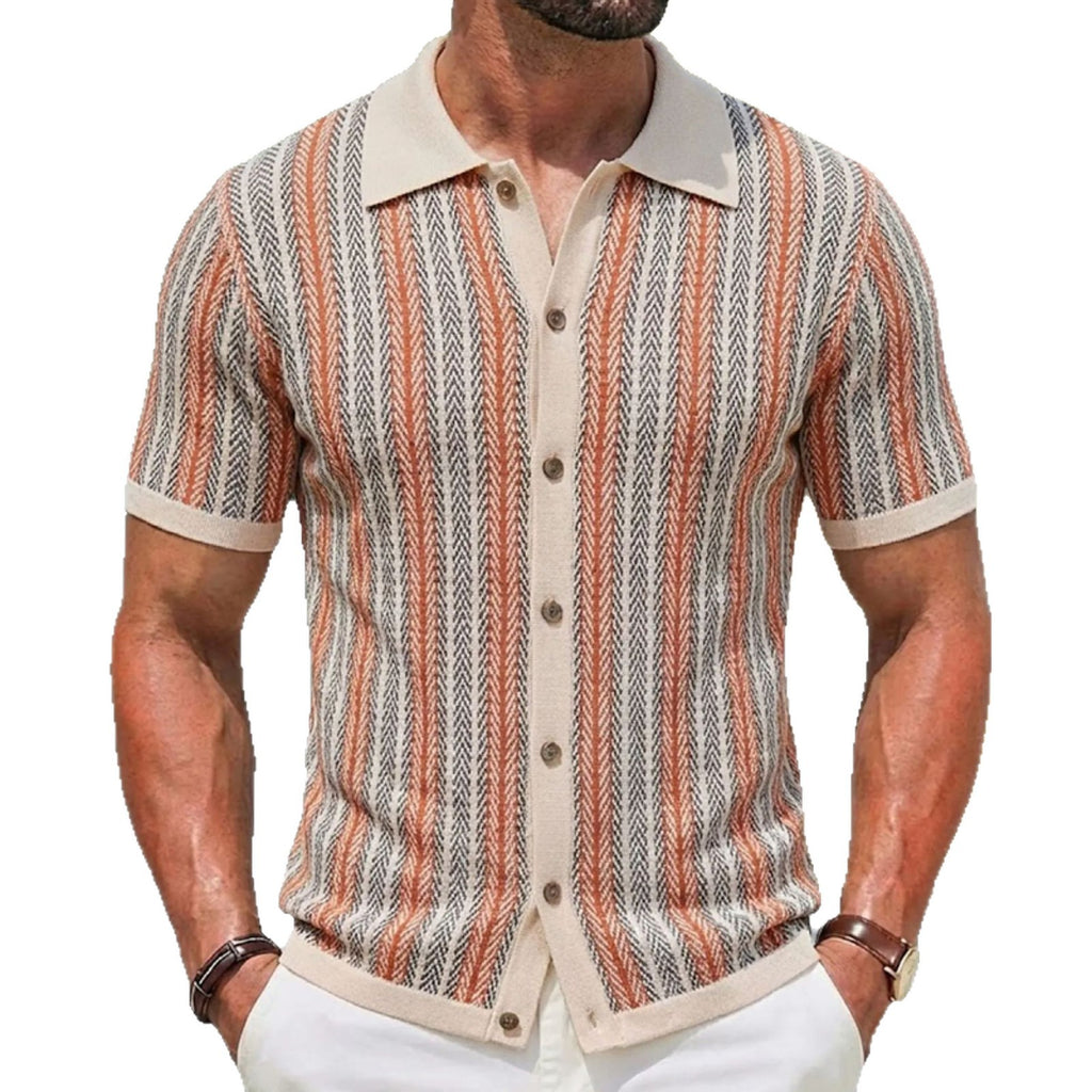 Men's Short-Sleeve Striped Knitted Cardigan Jacquard Polo Shirt