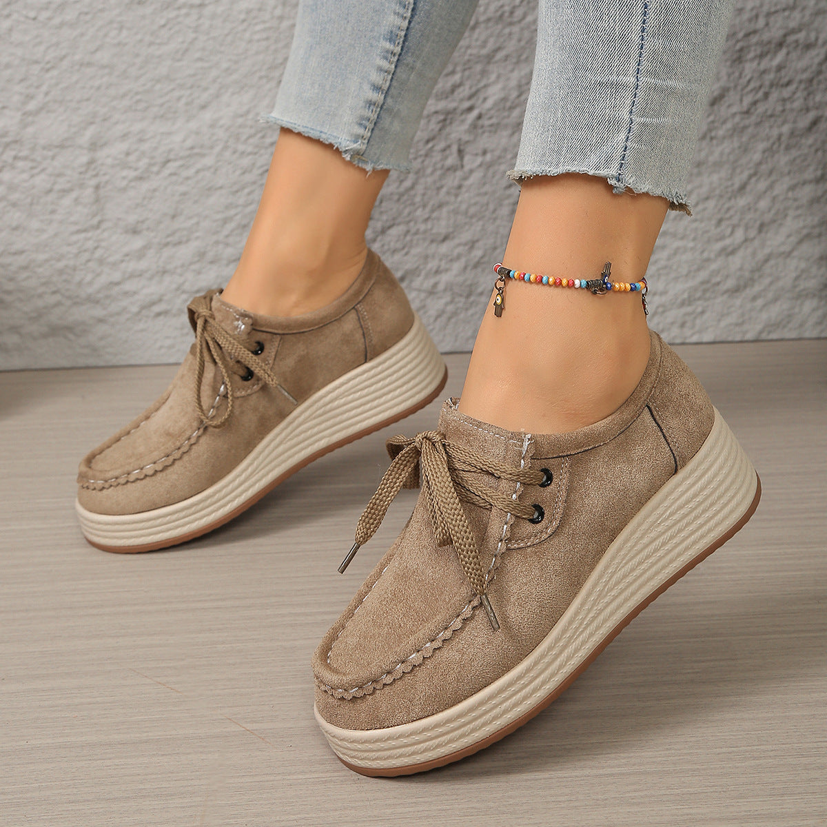 Zapatos de tacón para mujer de suela gruesa con cordones delanteros, estilo europeo y americano. Zapatos casuales de suela gruesa.