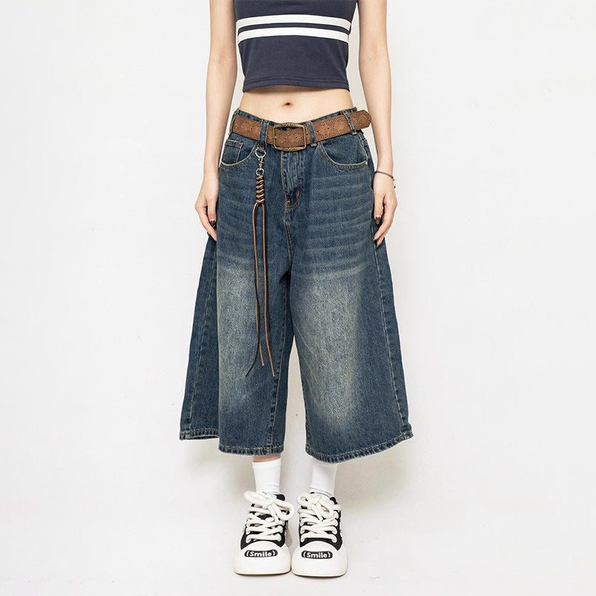 Pantalones vaqueros anchos, holgados y recortados, estilo retro americano para mujer