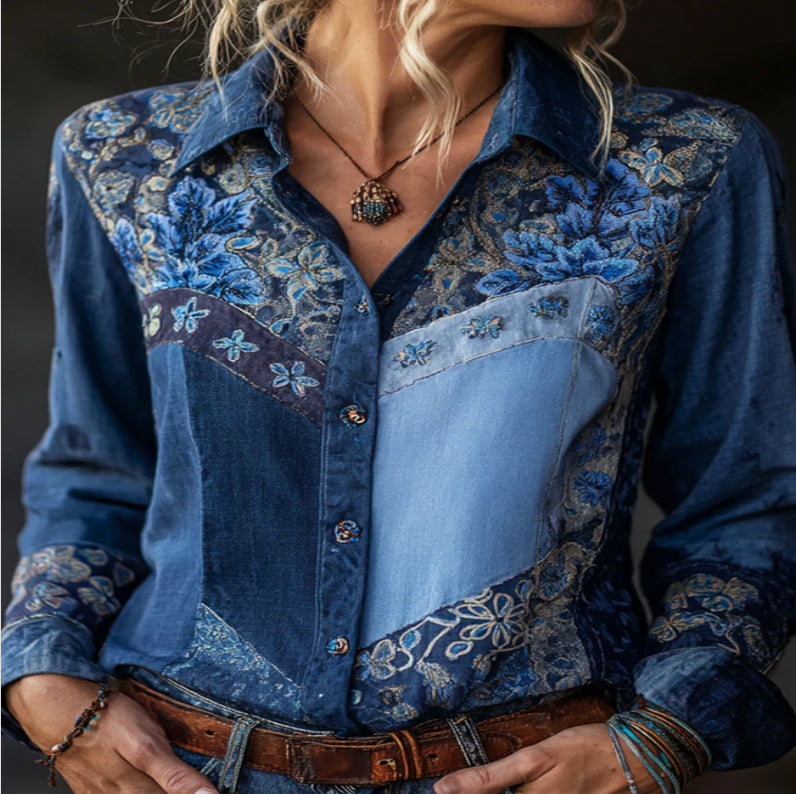 Camisas de mujer europeas y americanas, otoño-invierno, camisa de manga larga con estampado floral retro