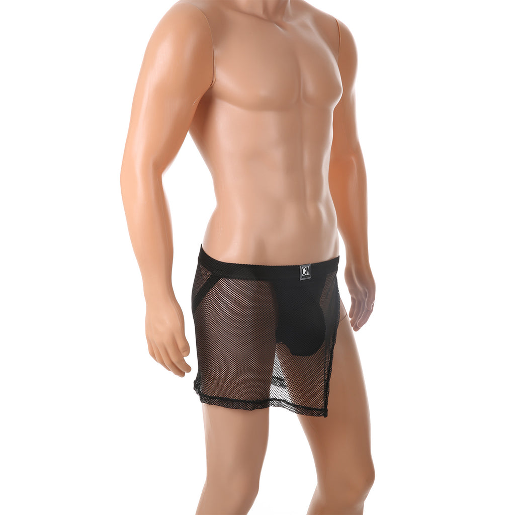 Falda de tanga de malla sexy para hombre con abertura lateral alta y transparente