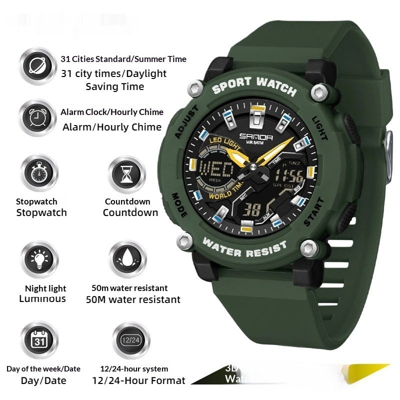 Reloj cronógrafo luminoso de doble pantalla para estudiantes, ideal para senderismo.