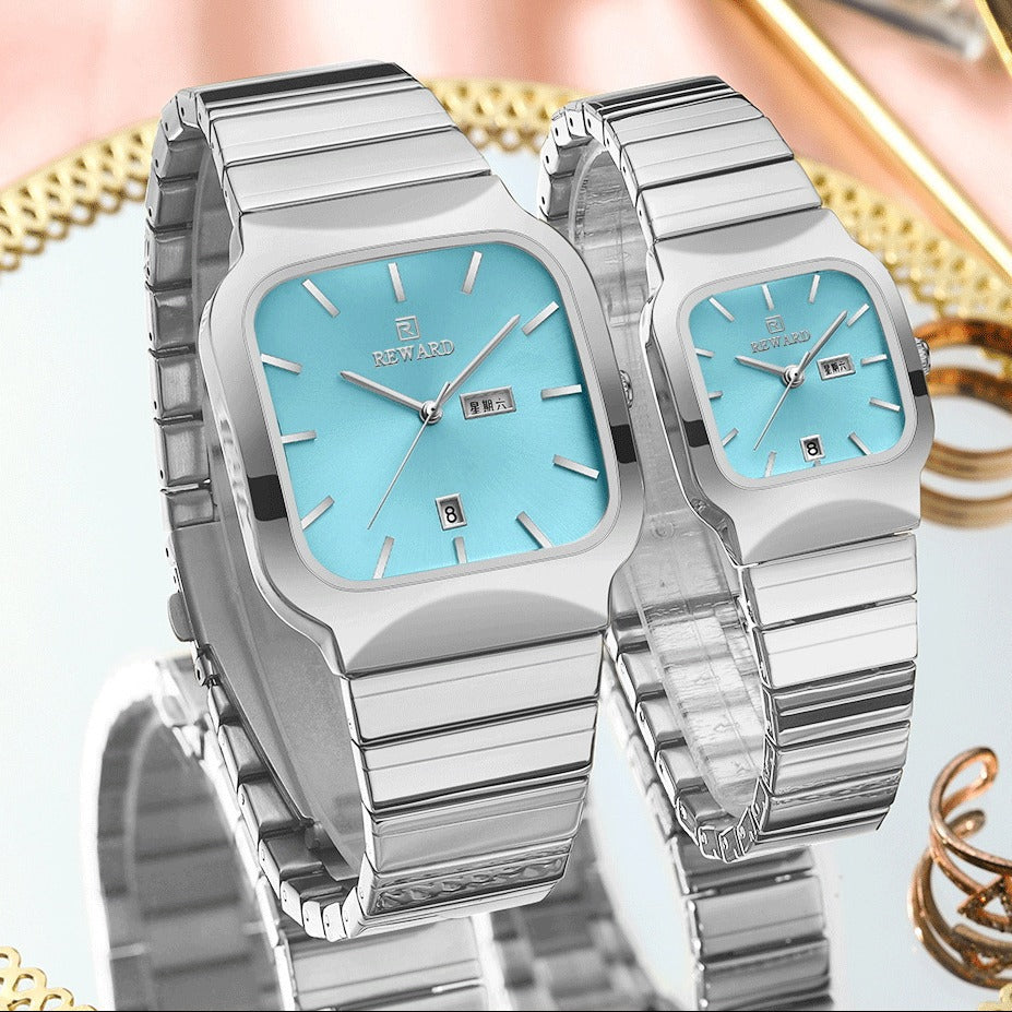 Reloj funcional informal de pareja con doble punta cuadrada