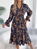 Vestido informal de corte A con estampado floral, mangas acampanadas y cintura anudada para mujer