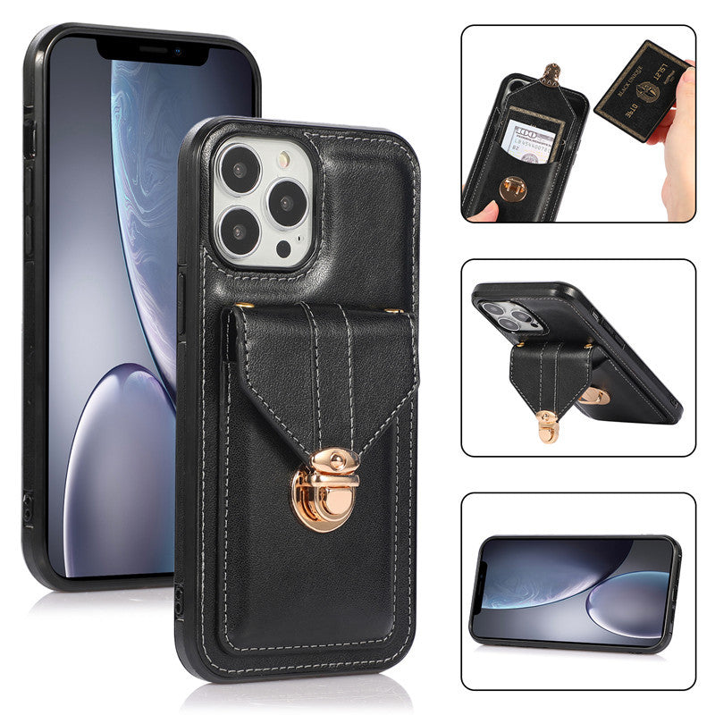Funda para teléfono móvil con cordón diagonal de cuero con diseño creativo de tarjeta