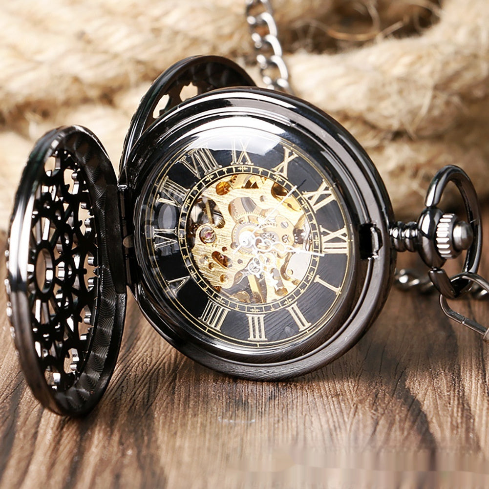 Reloj de bolsillo mecánico retro grande color pistola con diseño de telaraña