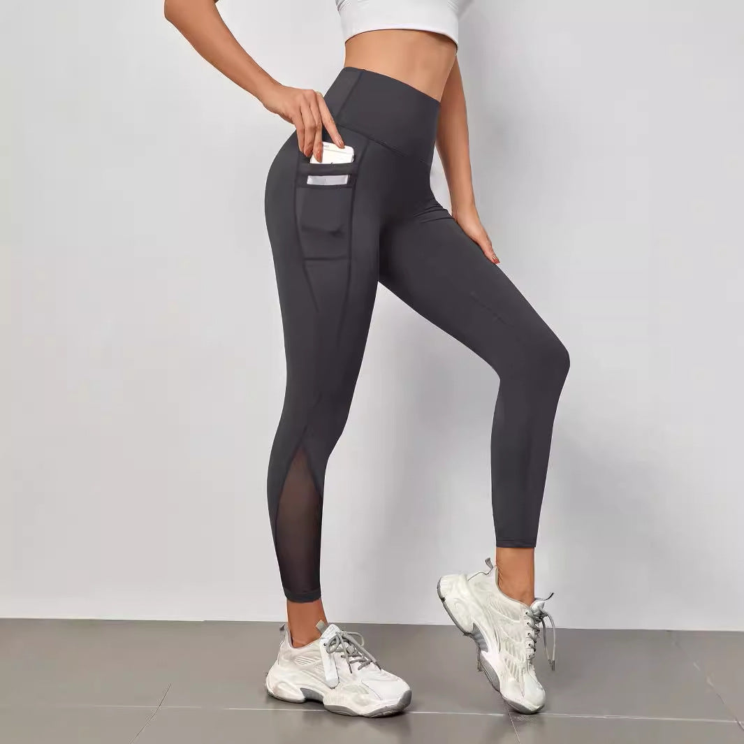 Pantalones de yoga de cintura alta con costuras de granadina, bolsillo, secado rápido, transpirables, para levantar la cadera.