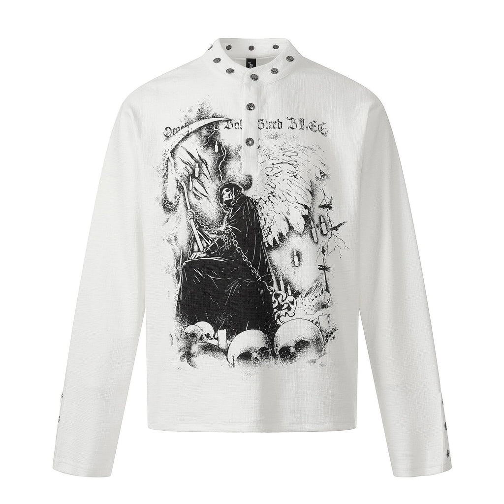 Camisa de manga larga para hombre, estilo retro americano, con estampado moderno y oscuro.