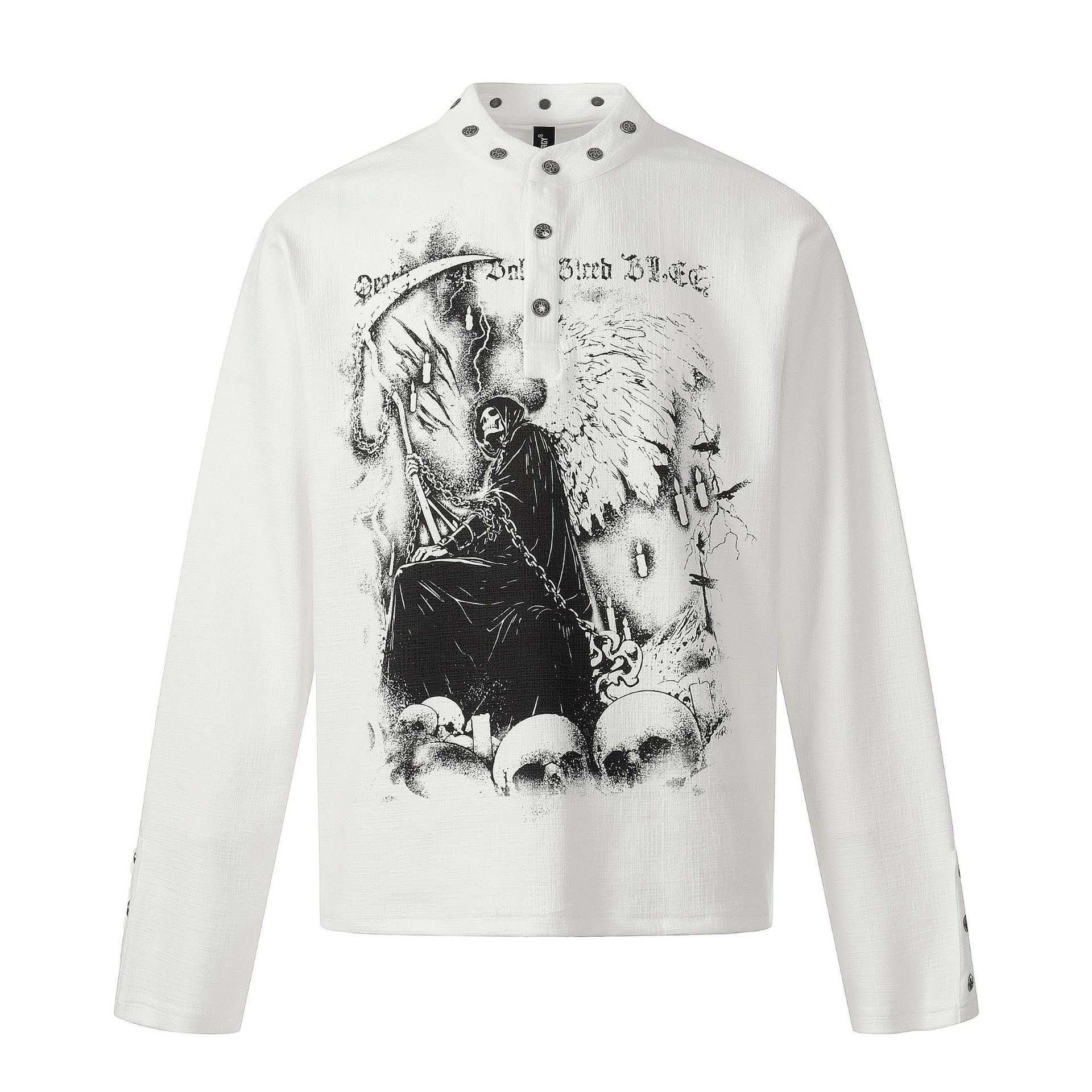 Camisa de manga larga para hombre, estilo retro americano, con estampado moderno y oscuro.