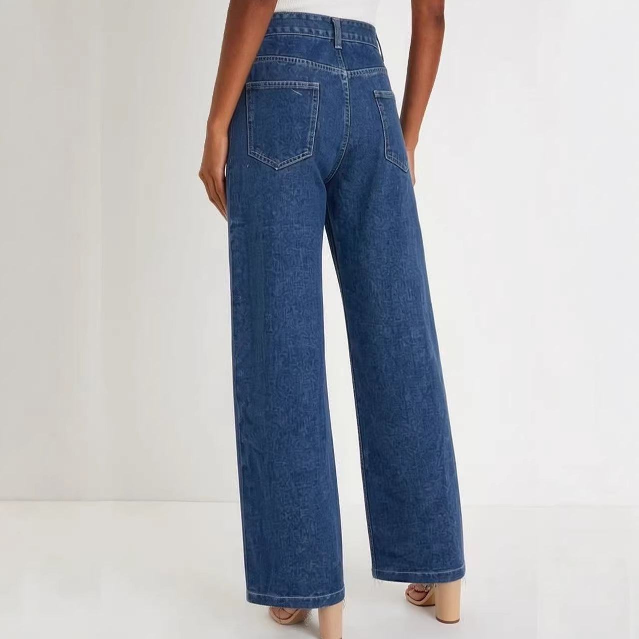 Fashionable Retro Personalized Flared Split Hem Color-Block Wide-Leg Floor-Length Womens Denim Trousers