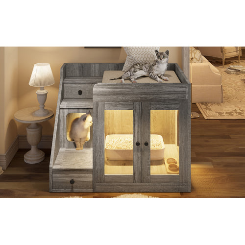 GO Cat Litter Box Enclosure With Light , Hidden Litter Box Furniture With 2 Storage Drawers, Indoor Cat House Side Table For Living Room