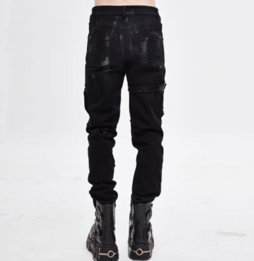 Pantalones Punk Mecha para hombre, pantalones casuales ajustados con aspecto de mezclilla desgastada lavada.