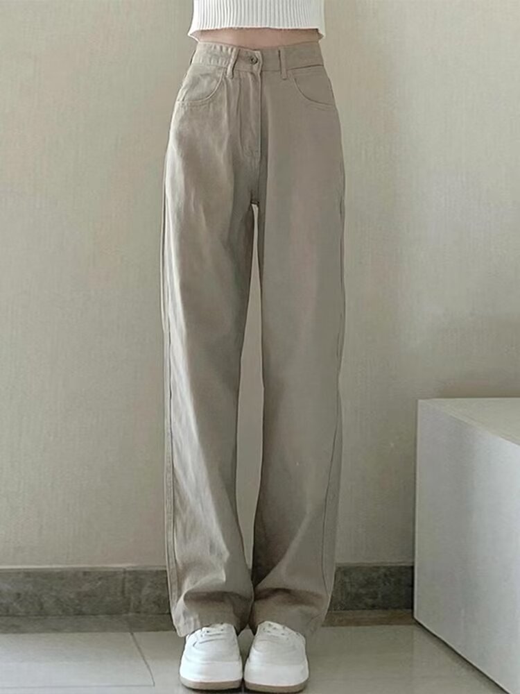 Solid Color Simple Straight Jeans For Women