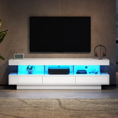 Mueble de TV de alto brillo con luces LED, 160 cm, 3 cajones, 3 espacios de almacenamiento abiertos, para dormitorio, sala de estar, muebles para el hogar.